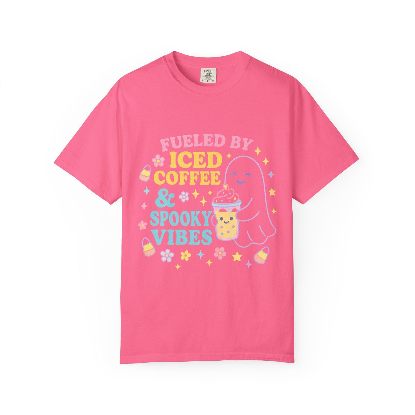 Iced Coffee & Spooky Vibes Comfort Colors T-shirt | Unisex Garment-Dyed Top, Cute Halloween Tee, Coffee Lover Gift, Fall Apparel, Casual Wear