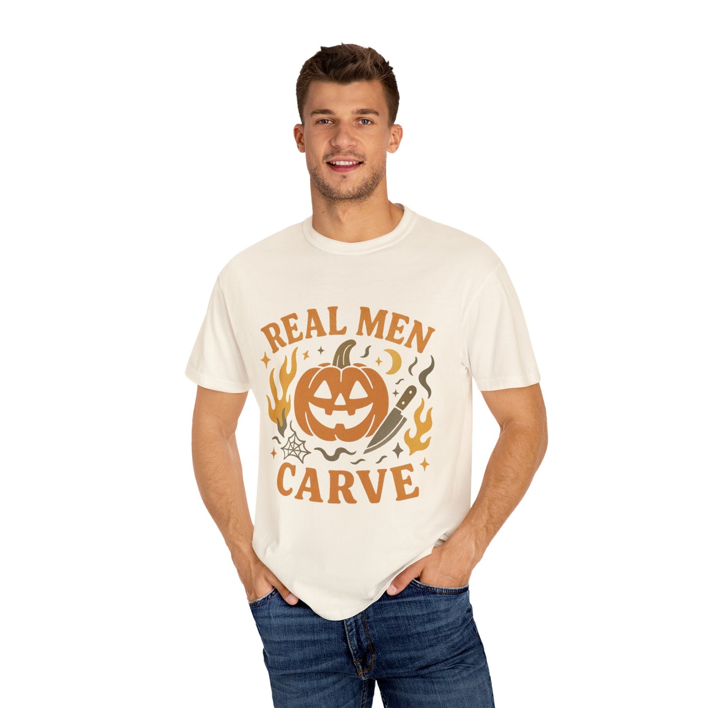 Halloween Unisex Comfort Colors T-Shirt, Real Men Carve Tee, Fall Clothing, Pumpkin Shirt, Spooky Season Apparel, Funny Gift for Him