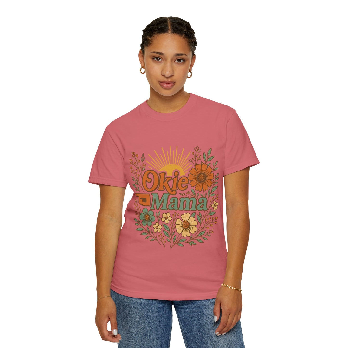 Okie Mama Garment-Dyed T-Shirt, Gift for Moms, Casual Wear, Summer Top, Mother’s Day Gift, Floral Design