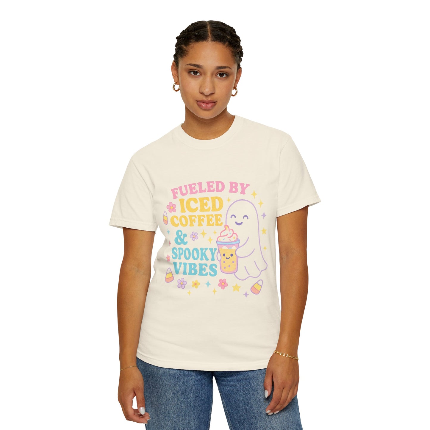 Iced Coffee & Spooky Vibes Comfort Colors T-shirt | Unisex Garment-Dyed Top, Cute Halloween Tee, Coffee Lover Gift, Fall Apparel, Casual Wear