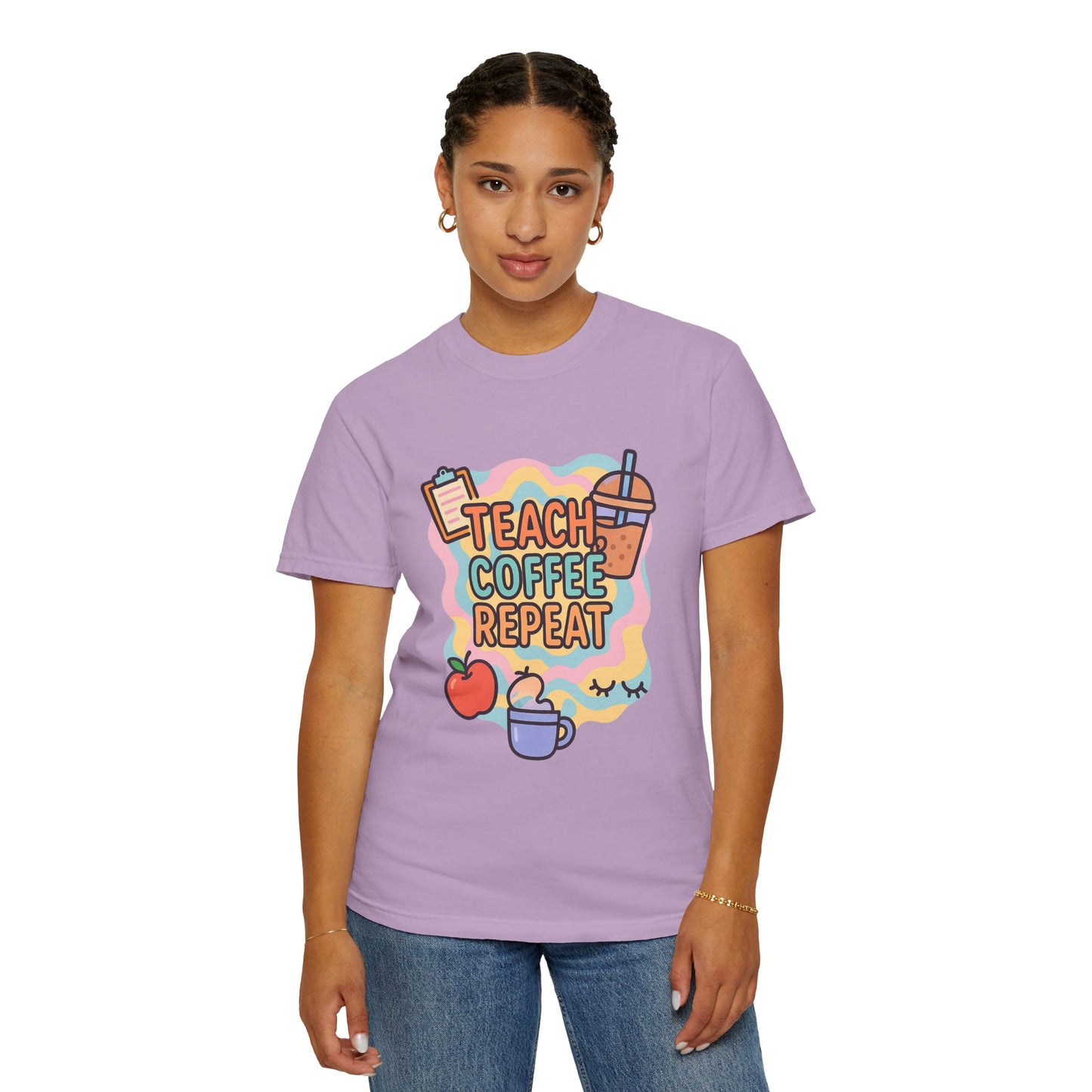 Teacher's Coffee Love Comfort Colors T-Shirt | Teach Coffee Repeat Tee, Teacher Gift, Cute Coffee Shirt, Classroom Apparel, Unisex Casual Wear