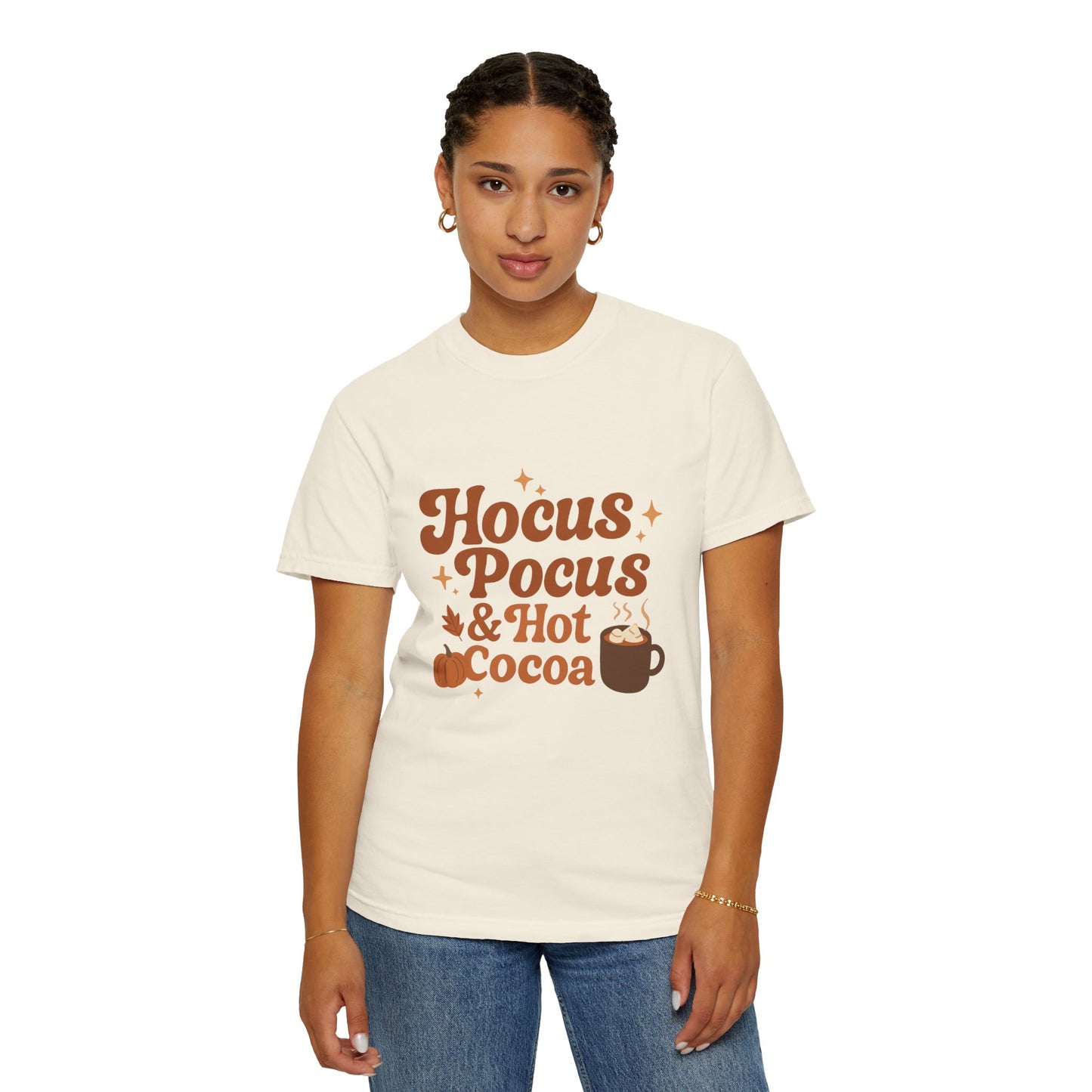Hocus Pocus Comfort Colors T-Shirt: Hocus Pocus & Hot Cocoa Design | Autumn Apparel, Halloween Gift, Cozy Wear, Layering Top, Casual Tee