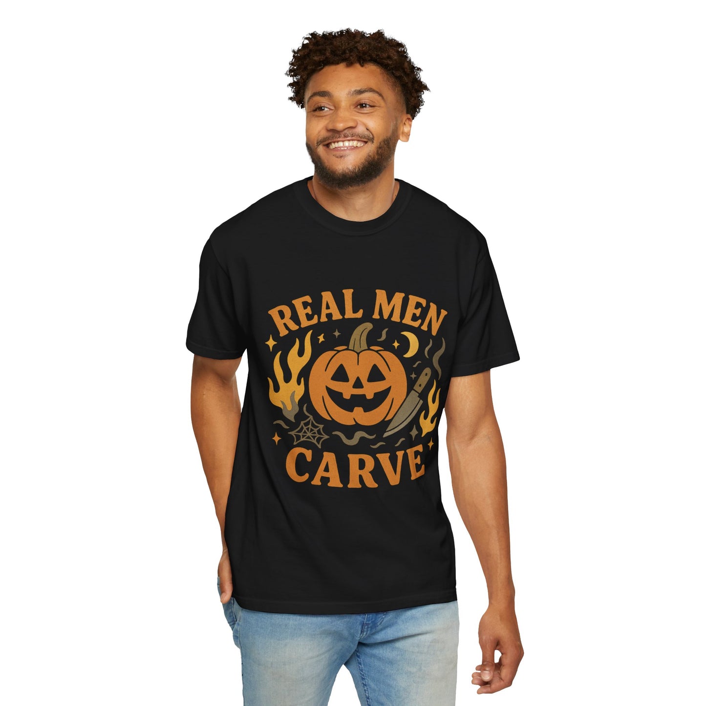 Halloween Unisex Comfort Colors T-Shirt, Real Men Carve Tee, Fall Clothing, Pumpkin Shirt, Spooky Season Apparel, Funny Gift for Him