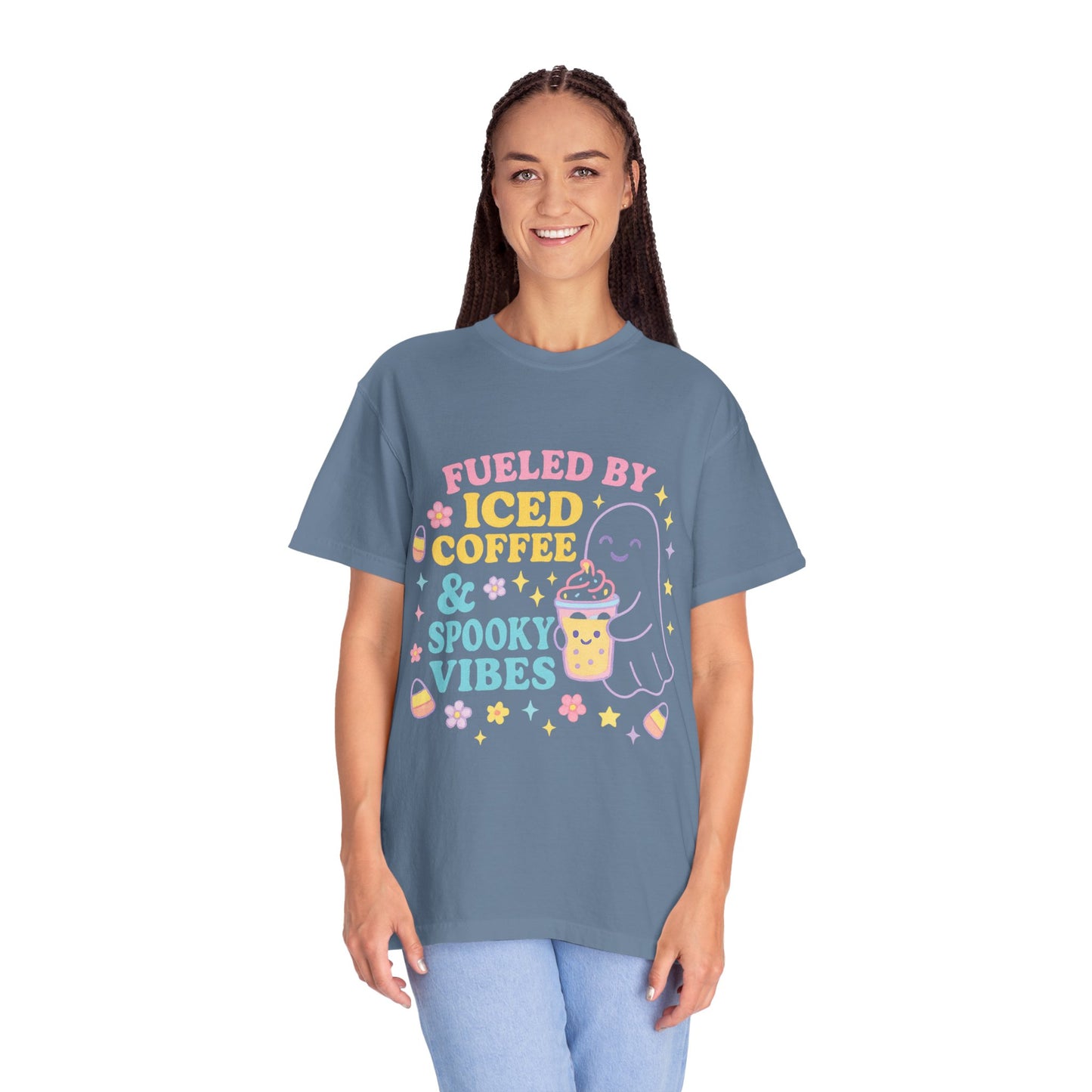 Iced Coffee & Spooky Vibes Comfort Colors T-shirt | Unisex Garment-Dyed Top, Cute Halloween Tee, Coffee Lover Gift, Fall Apparel, Casual Wear