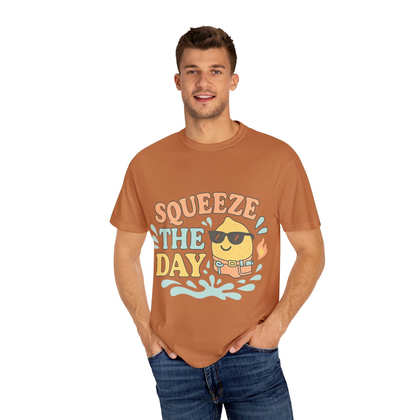 Squeeze The Day Unisex Garment-Dyed T-shirt, Funny Summer Shirt, Beachwear, Gift for Citrus Lovers, Cute Graphic Tee