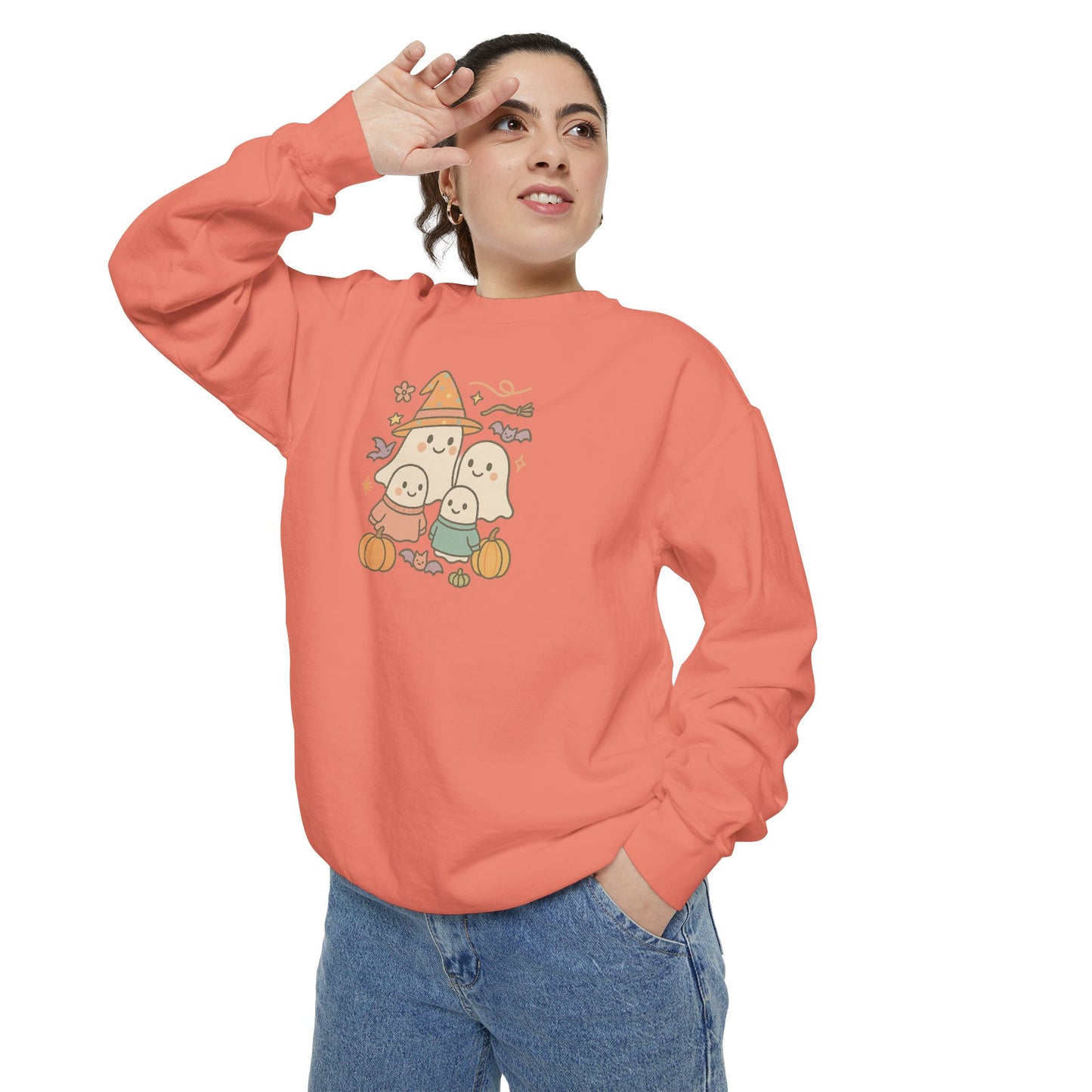 Cute Ghost Family Comfort Colors Sweatshirt - Cute Ghosts & Pumpkins, Cozy Fall Apparel, Unisex Sweatshirt for Halloween Parties, Gifts, Seasonal Fashion