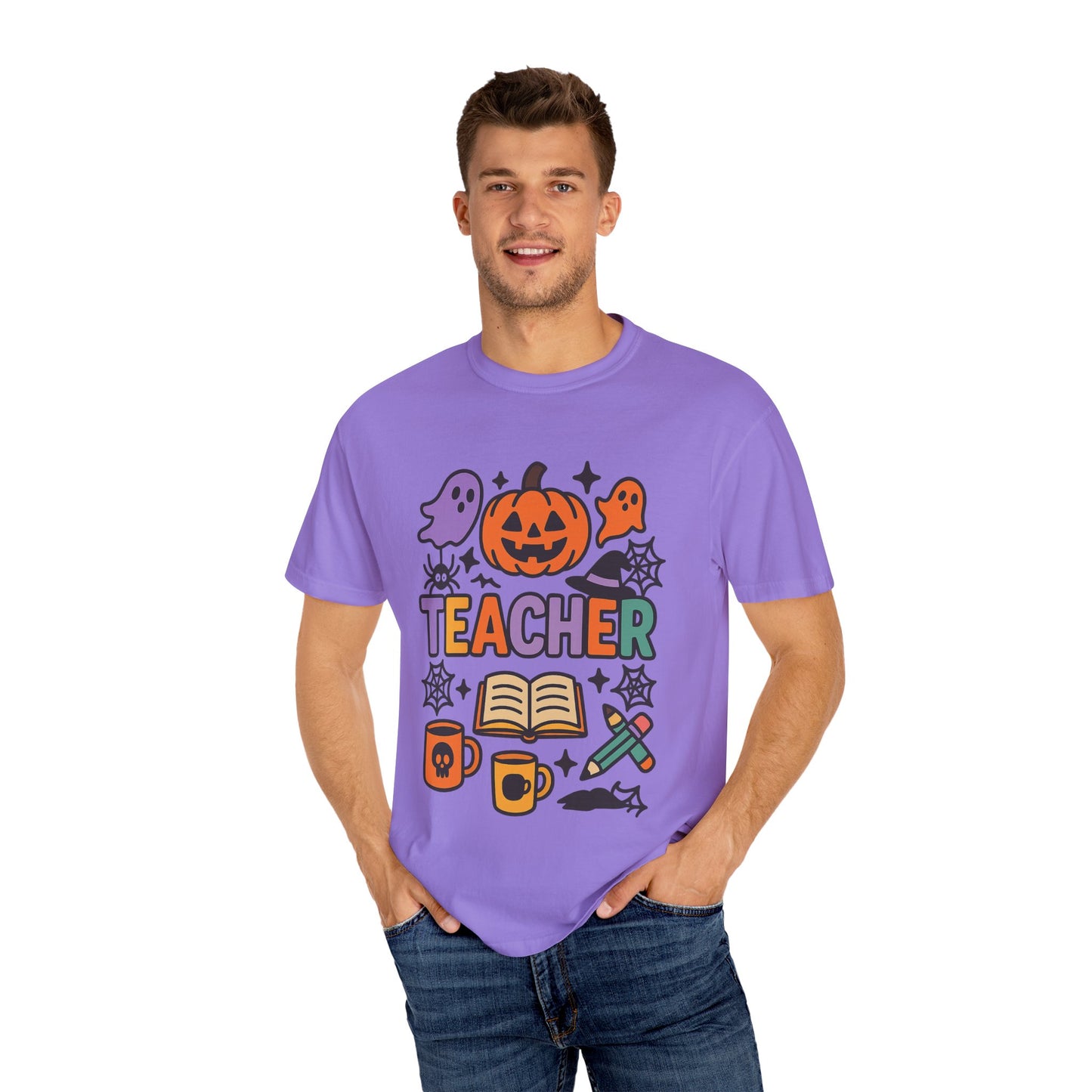 Unisex Halloween Teacher Comfort Colors T-Shirt, Spooky Apparel, Fall Season Outfit, Gift for Educators, Teacher's Day, Halloween Celebration