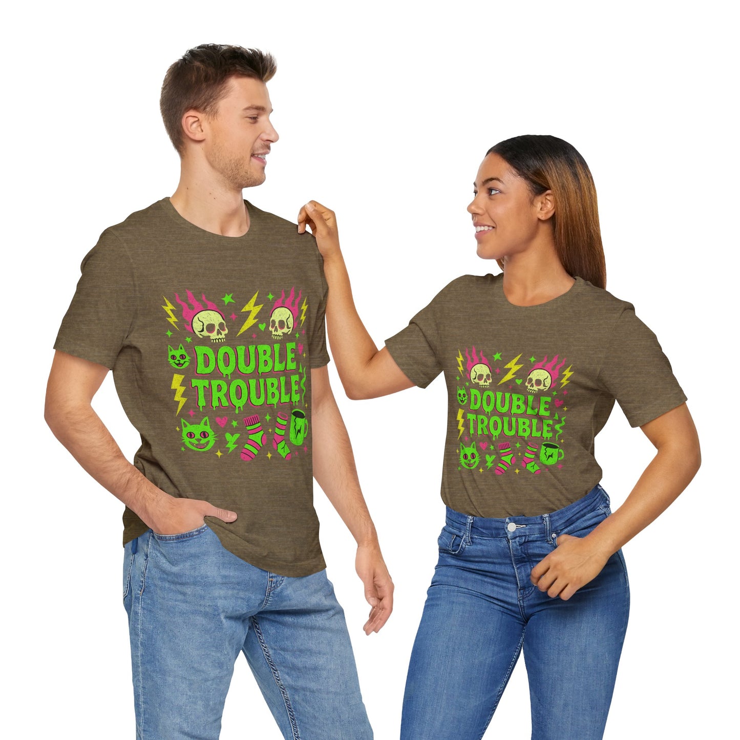 Double Trouble Graphic Tee, Unisex Jersey Tee, Casual T-Shirt, Fun Graphic Shirt, Gift for Friends, Birthday Gift, Halloween Shirt
