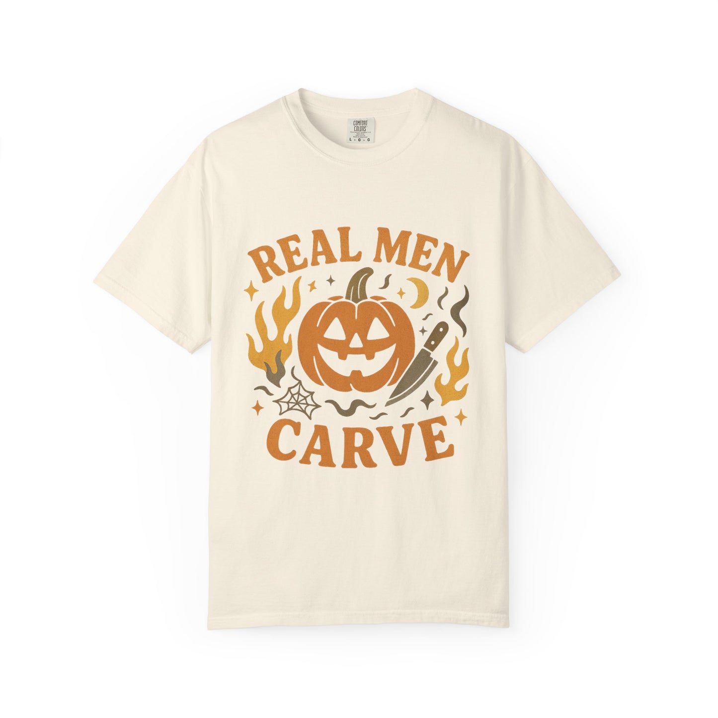 Halloween Unisex Comfort Colors T-Shirt, Real Men Carve Tee, Fall Clothing, Pumpkin Shirt, Spooky Season Apparel, Funny Gift for Him