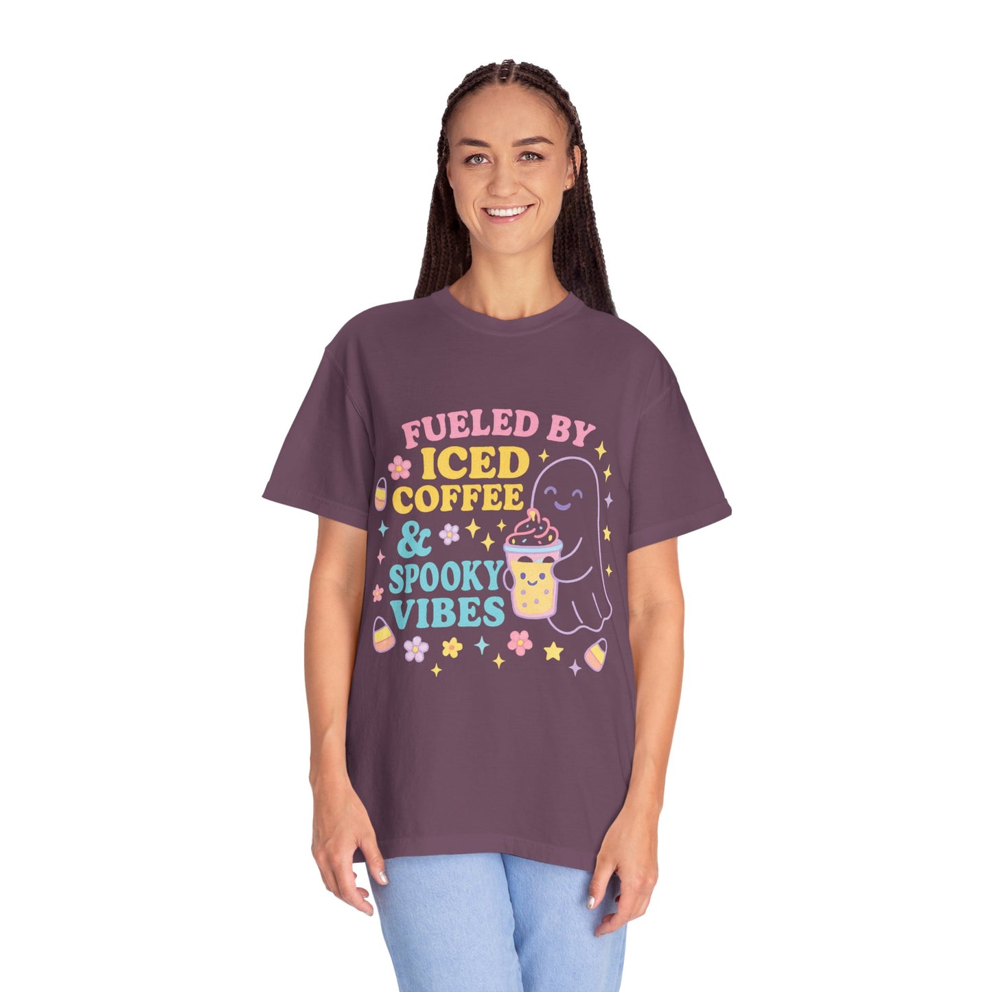 Iced Coffee & Spooky Vibes Comfort Colors T-shirt | Unisex Garment-Dyed Top, Cute Halloween Tee, Coffee Lover Gift, Fall Apparel, Casual Wear