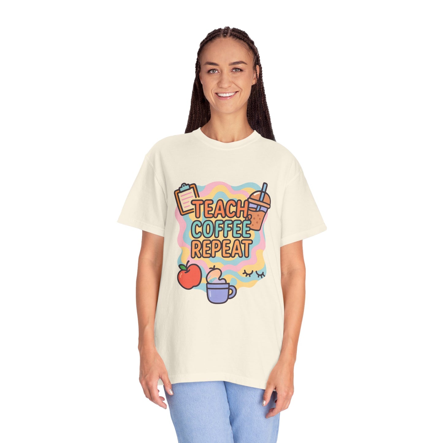 Teacher's Coffee Love Comfort Colors T-Shirt | Teach Coffee Repeat Tee, Teacher Gift, Cute Coffee Shirt, Classroom Apparel, Unisex Casual Wear