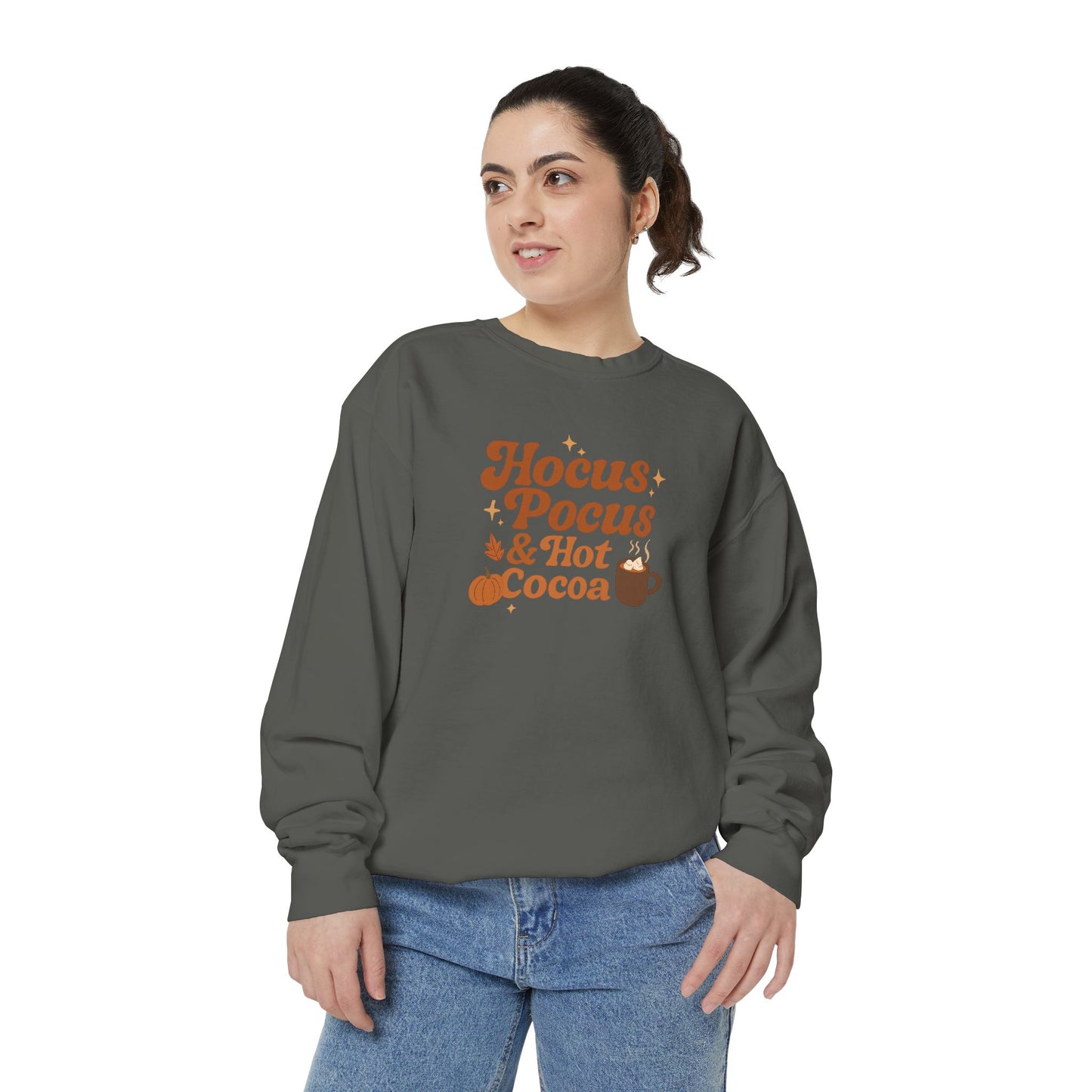 Hocus Pocus & Hot Cocoa Comfort Colors Sweatshirt, Cozy Fall Apparel, Halloween Gift, Unisex Fashion, Seasonal Comfort Wear, Relaxed Autumn Style