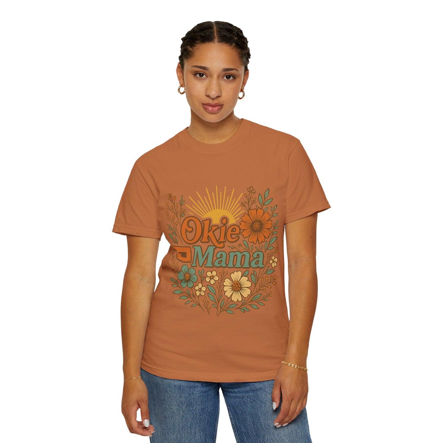 Okie Mama Garment-Dyed T-Shirt, Gift for Moms, Casual Wear, Summer Top, Mother’s Day Gift, Floral Design