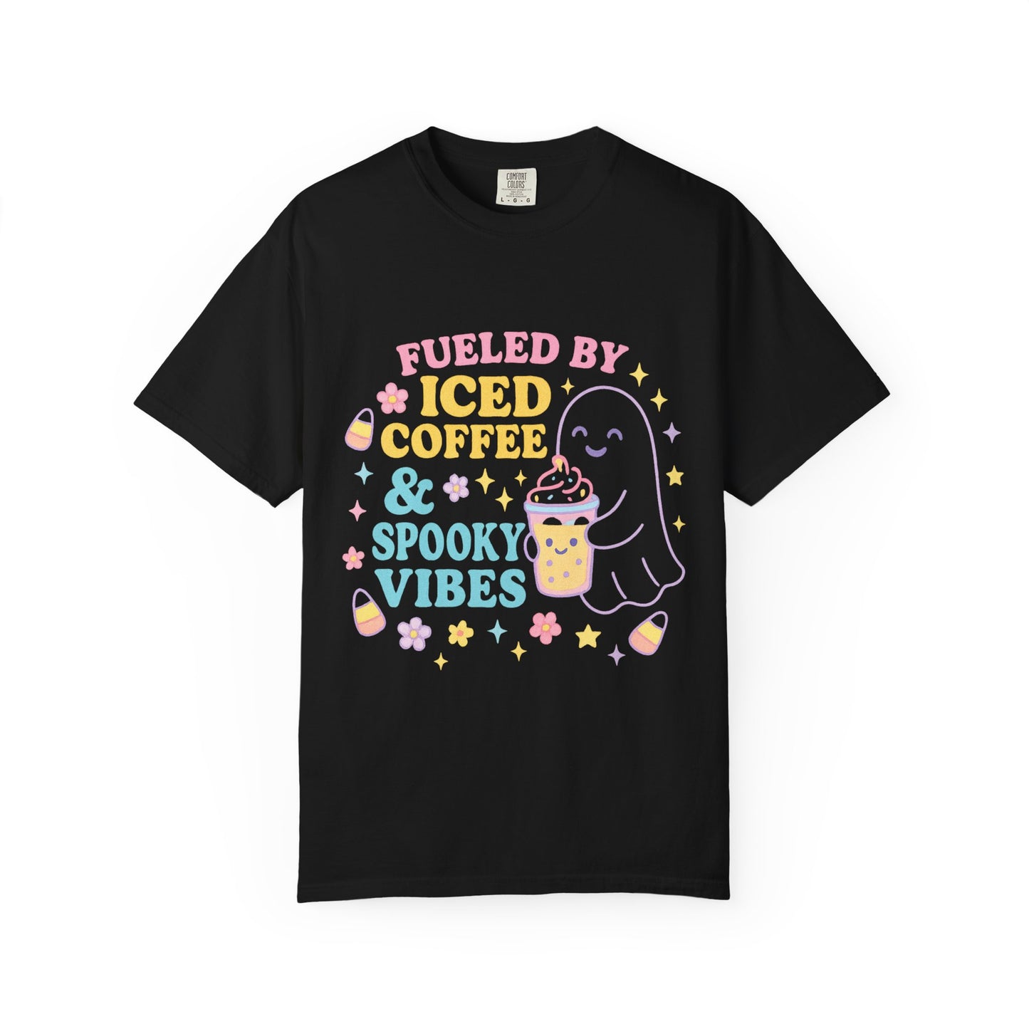 Iced Coffee & Spooky Vibes Comfort Colors T-shirt | Unisex Garment-Dyed Top, Cute Halloween Tee, Coffee Lover Gift, Fall Apparel, Casual Wear