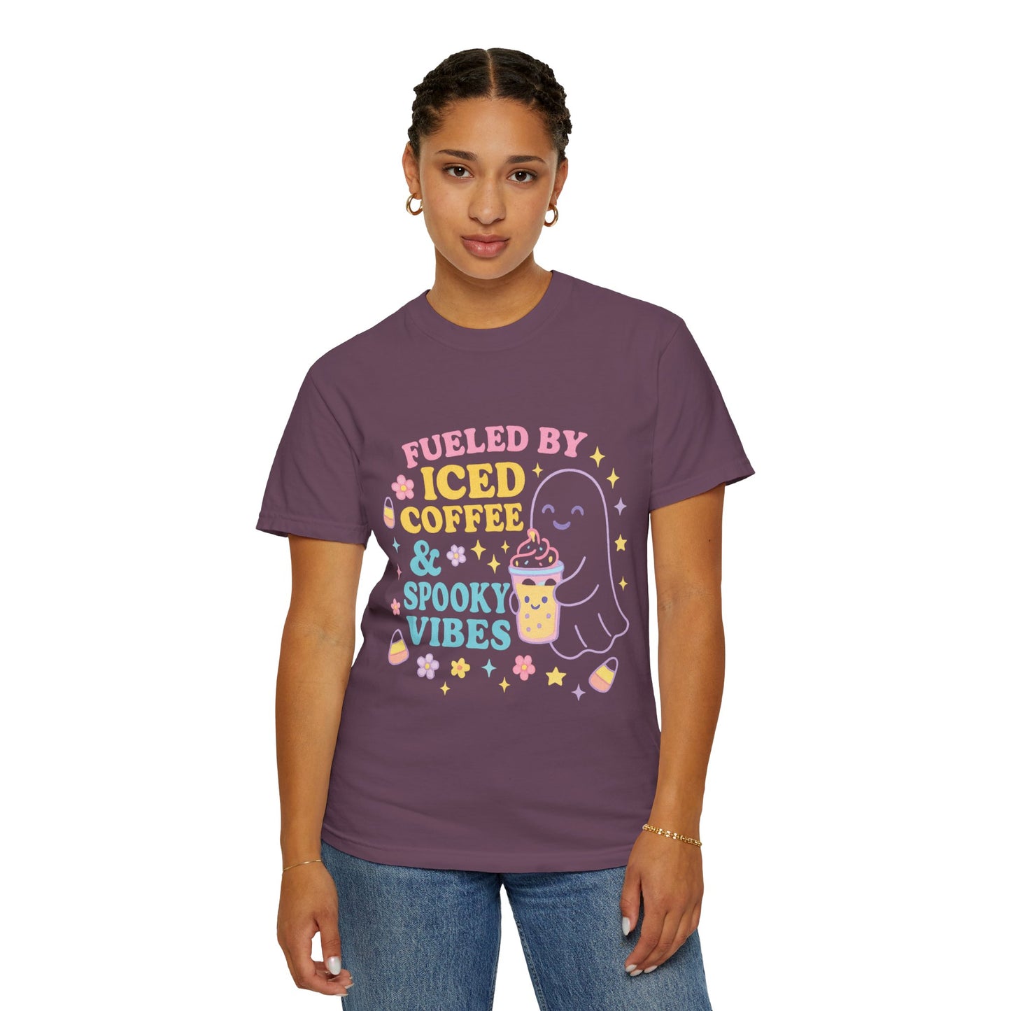 Iced Coffee & Spooky Vibes Comfort Colors T-shirt | Unisex Garment-Dyed Top, Cute Halloween Tee, Coffee Lover Gift, Fall Apparel, Casual Wear