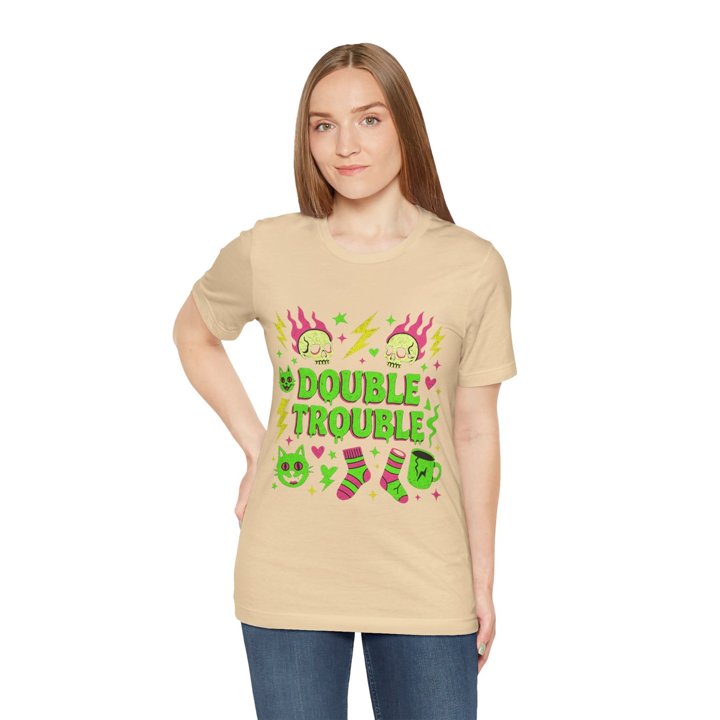 Double Trouble Graphic Tee, Unisex Jersey Tee, Casual T-Shirt, Fun Graphic Shirt, Gift for Friends, Birthday Gift, Halloween Shirt