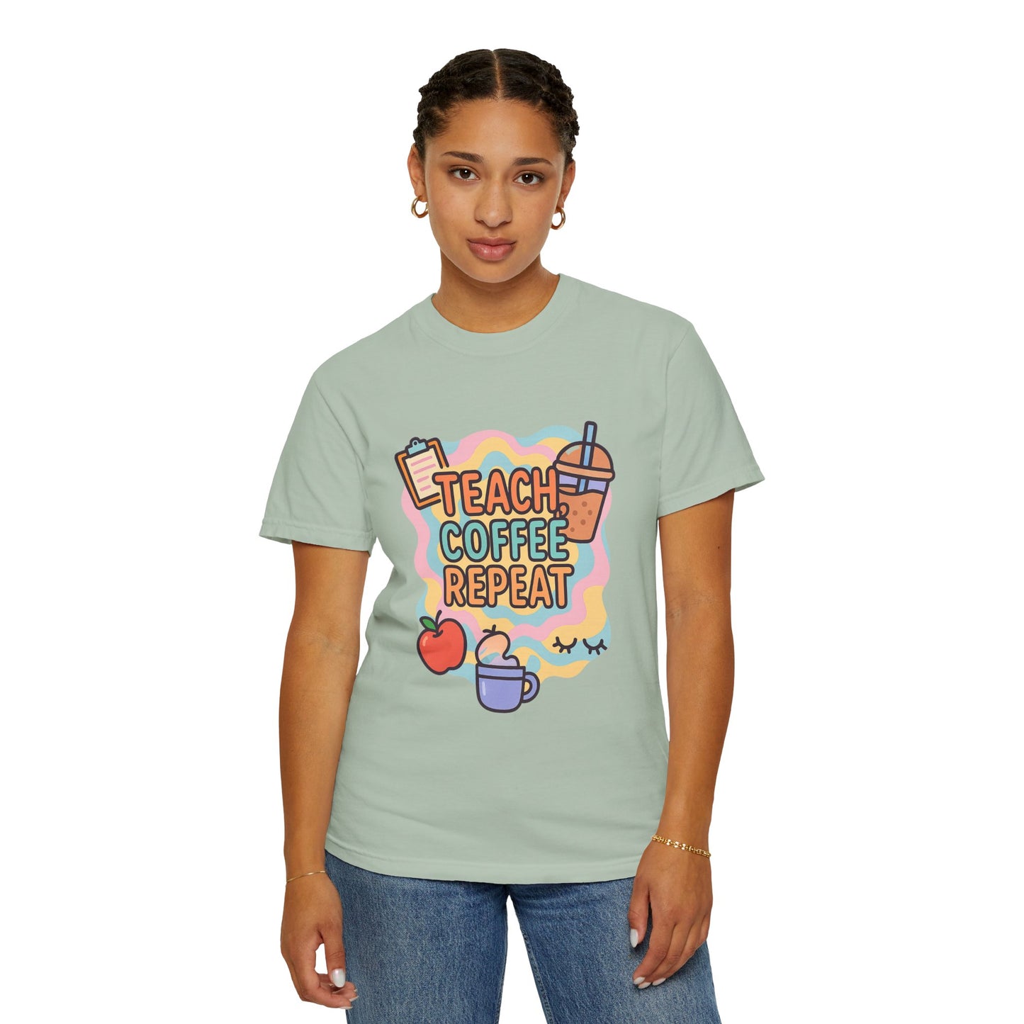 Teacher's Coffee Love Comfort Colors T-Shirt | Teach Coffee Repeat Tee, Teacher Gift, Cute Coffee Shirt, Classroom Apparel, Unisex Casual Wear