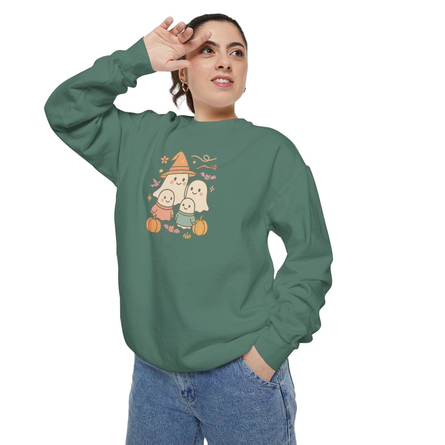 Cute Ghost Family Comfort Colors Sweatshirt - Cute Ghosts & Pumpkins, Cozy Fall Apparel, Unisex Sweatshirt for Halloween Parties, Gifts, Seasonal Fashion