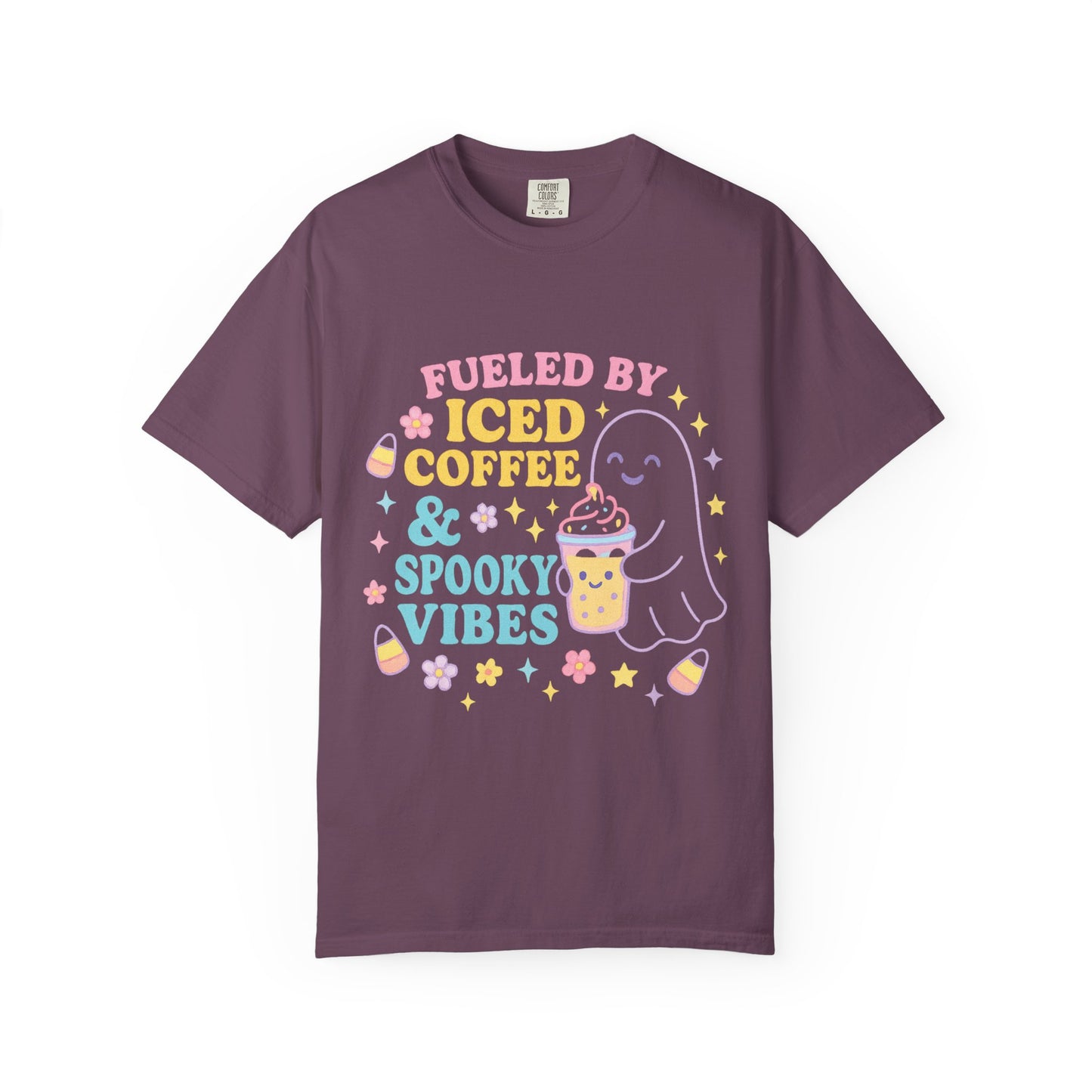 Iced Coffee & Spooky Vibes Comfort Colors T-shirt | Unisex Garment-Dyed Top, Cute Halloween Tee, Coffee Lover Gift, Fall Apparel, Casual Wear