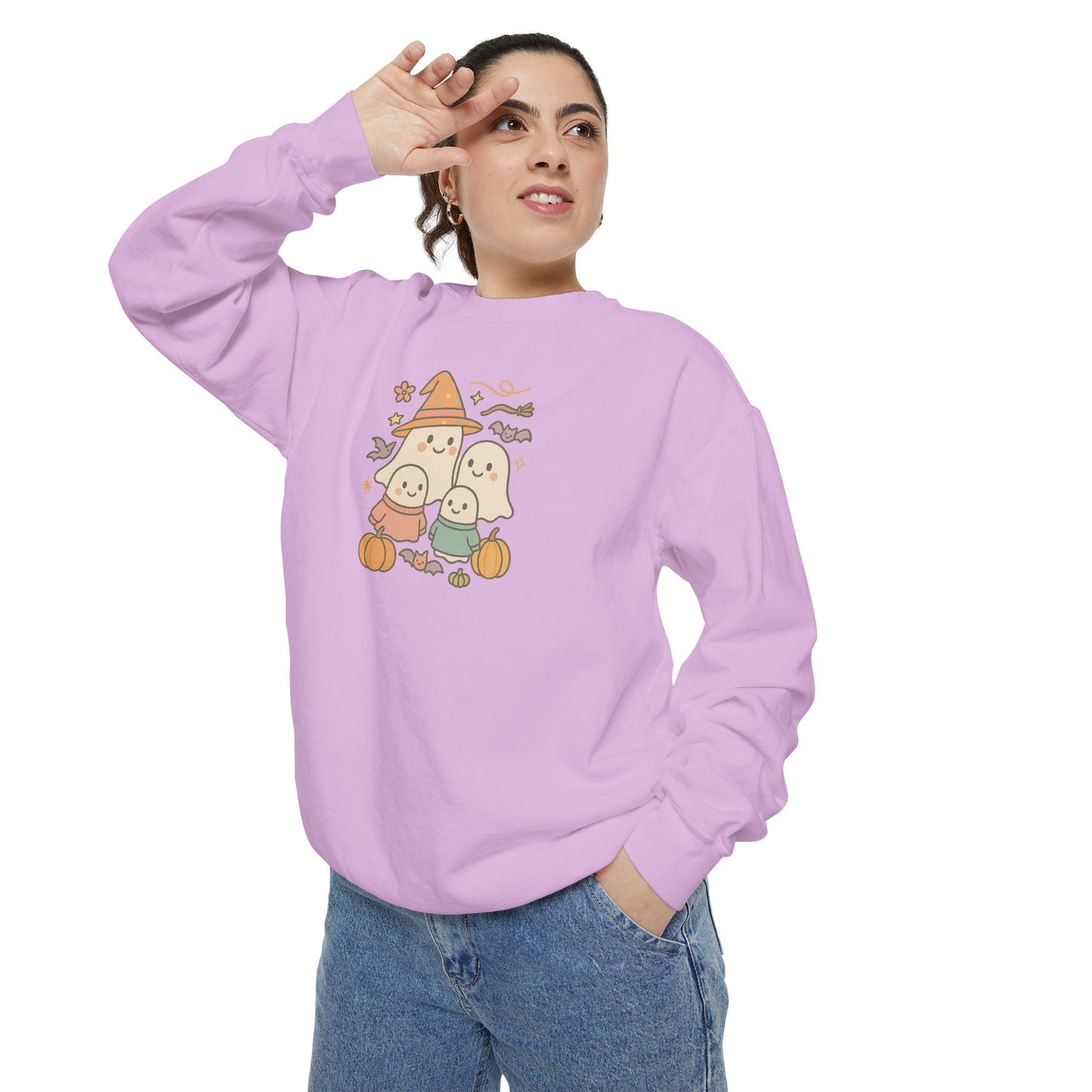 Cute Ghost Family Comfort Colors Sweatshirt - Cute Ghosts & Pumpkins, Cozy Fall Apparel, Unisex Sweatshirt for Halloween Parties, Gifts, Seasonal Fashion