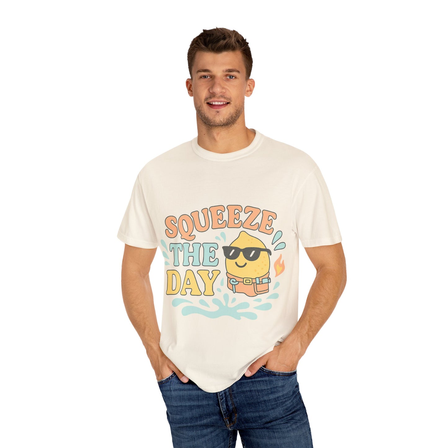 Squeeze The Day Unisex Garment-Dyed T-shirt, Funny Summer Shirt, Beachwear, Gift for Citrus Lovers, Cute Graphic Tee