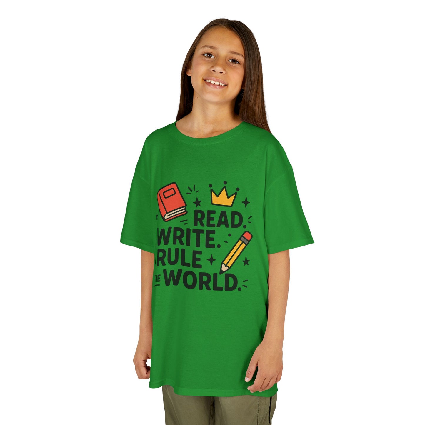 Kids Motivational Tee - Read, Write, Rule the World | Cool Kids T-Shirt, Gift for Young Readers, School Outfit, Literacy Celebration