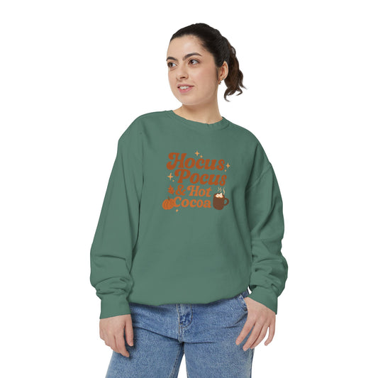 Hocus Pocus & Hot Cocoa Comfort Colors Sweatshirt, Cozy Fall Apparel, Halloween Gift, Unisex Fashion, Seasonal Comfort Wear, Relaxed Autumn Style