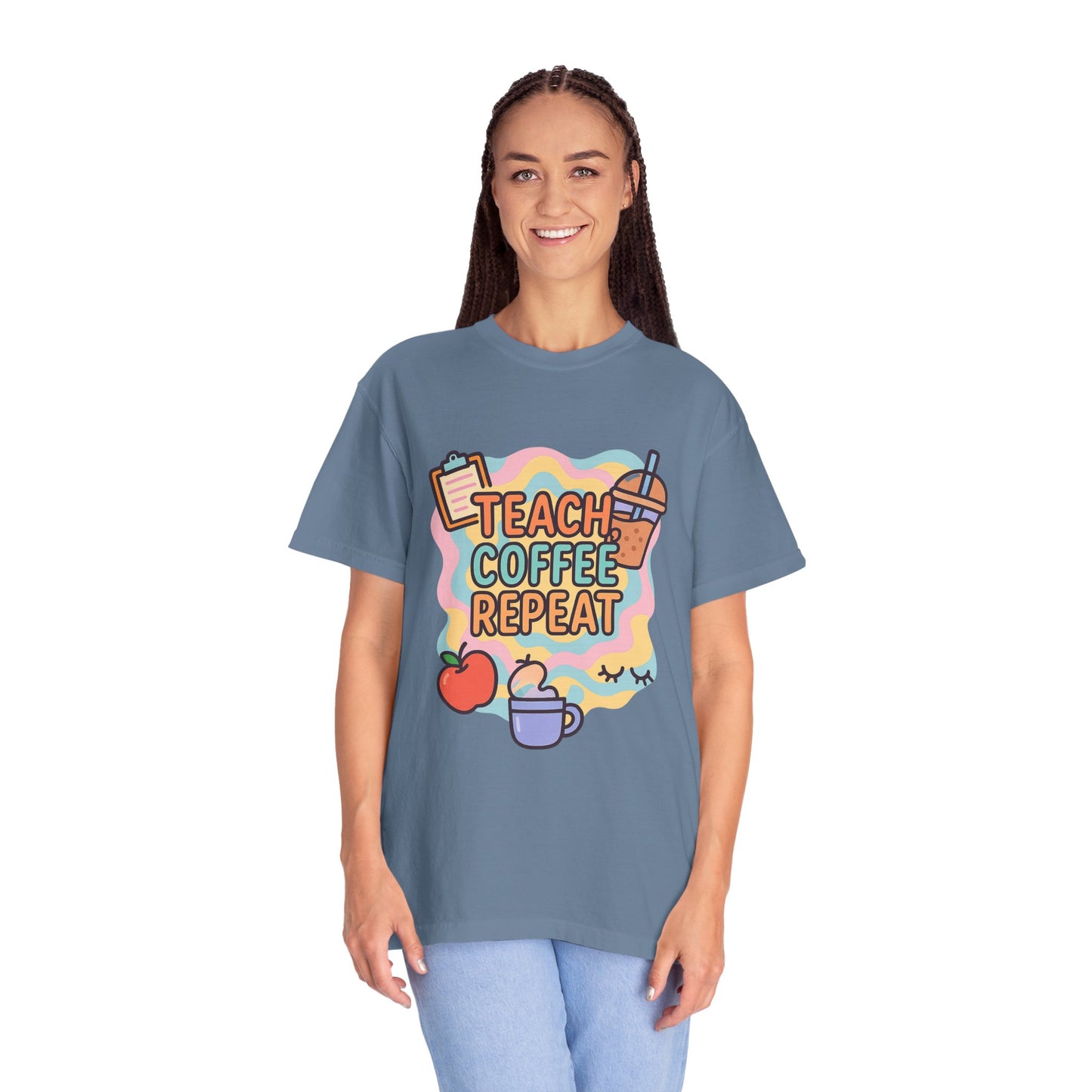 Teacher's Coffee Love Comfort Colors T-Shirt | Teach Coffee Repeat Tee, Teacher Gift, Cute Coffee Shirt, Classroom Apparel, Unisex Casual Wear