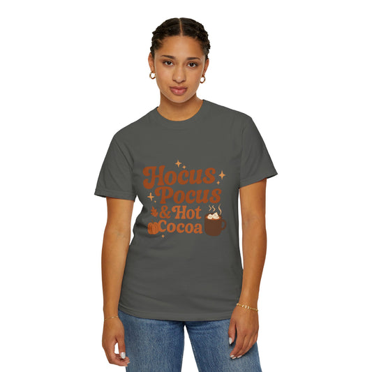 Hocus Pocus Comfort Colors T-Shirt: Hocus Pocus & Hot Cocoa Design | Autumn Apparel, Halloween Gift, Cozy Wear, Layering Top, Casual Tee