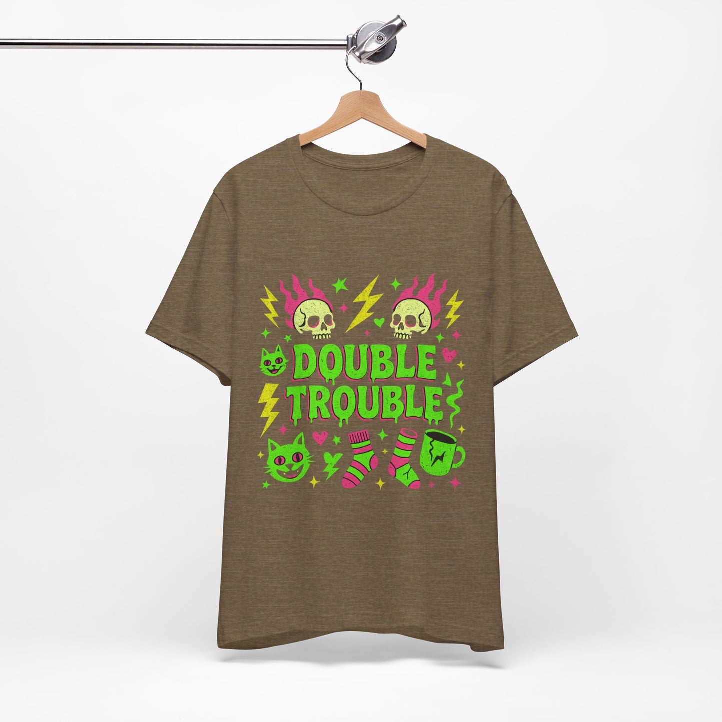 Double Trouble Graphic Tee, Unisex Jersey Tee, Casual T-Shirt, Fun Graphic Shirt, Gift for Friends, Birthday Gift, Halloween Shirt