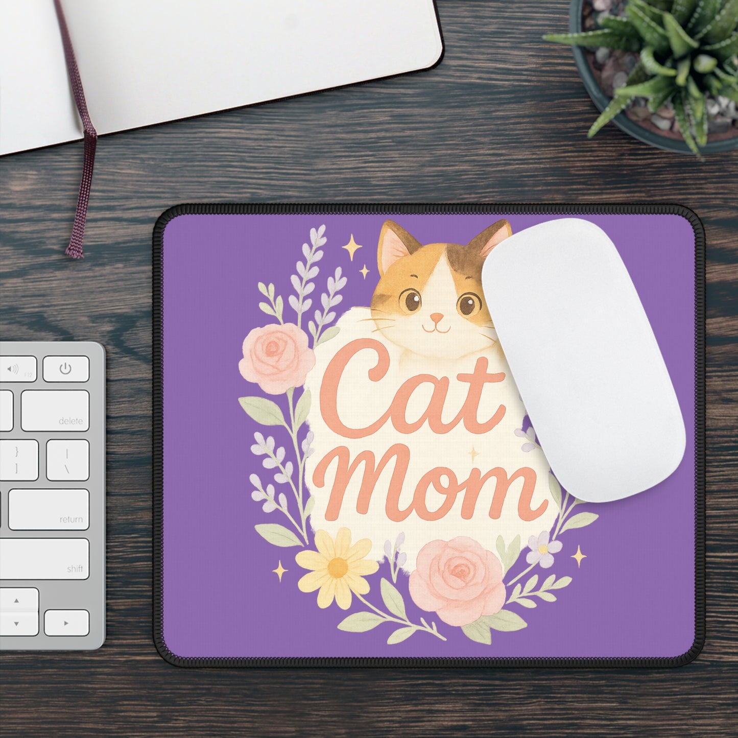 Cute Cat Mom Gaming Mouse Pad, Cat Lover Gift, Office Decor, Gamer Accessories, Pet Themed Decor, Purple Floral Design