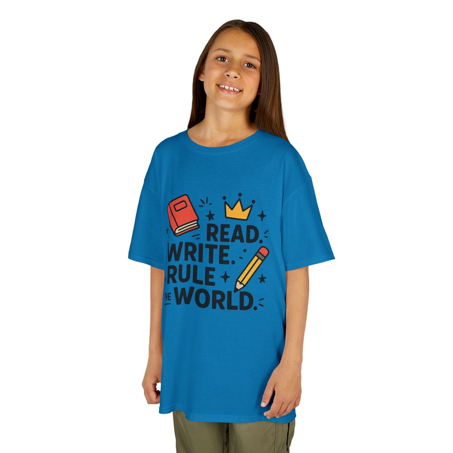 Kids Motivational Tee - Read, Write, Rule the World | Cool Kids T-Shirt, Gift for Young Readers, School Outfit, Literacy Celebration