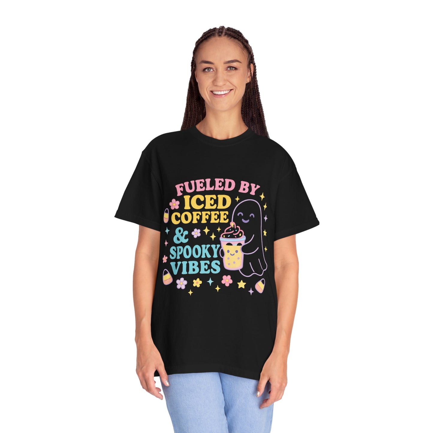 Iced Coffee & Spooky Vibes Comfort Colors T-shirt | Unisex Garment-Dyed Top, Cute Halloween Tee, Coffee Lover Gift, Fall Apparel, Casual Wear