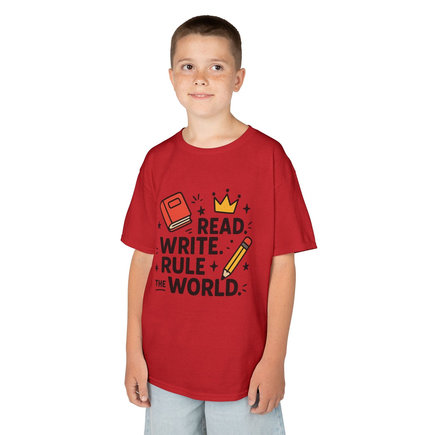 Kids Motivational Tee - Read, Write, Rule the World | Cool Kids T-Shirt, Gift for Young Readers, School Outfit, Literacy Celebration