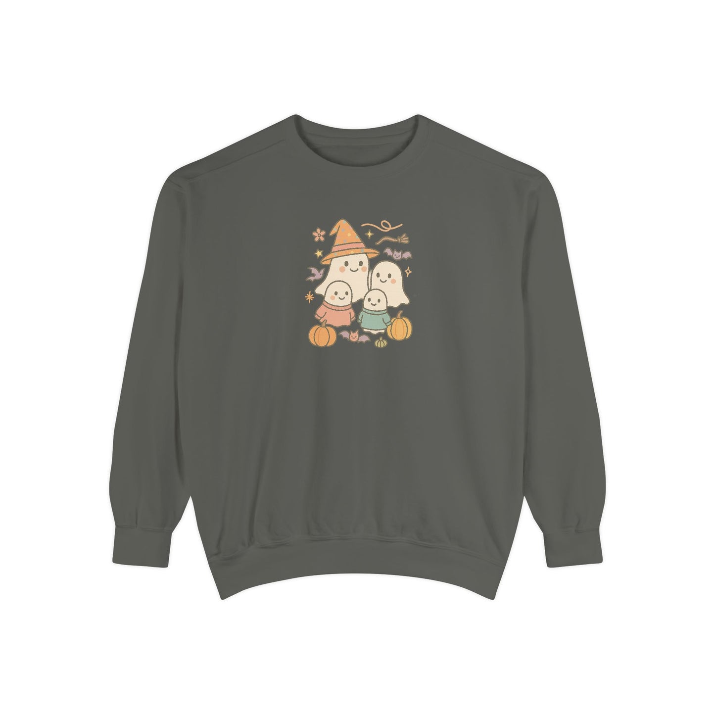Cute Ghost Family Comfort Colors Sweatshirt - Cute Ghosts & Pumpkins, Cozy Fall Apparel, Unisex Sweatshirt for Halloween Parties, Gifts, Seasonal Fashion