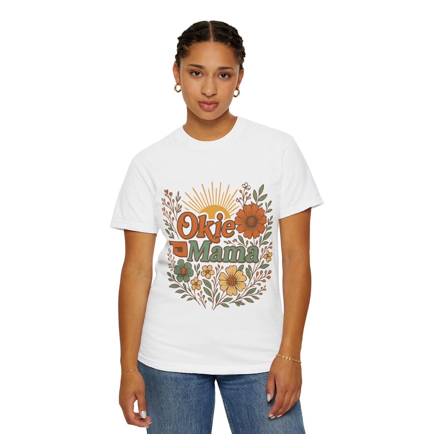 Okie Mama Garment-Dyed T-Shirt, Gift for Moms, Casual Wear, Summer Top, Mother’s Day Gift, Floral Design