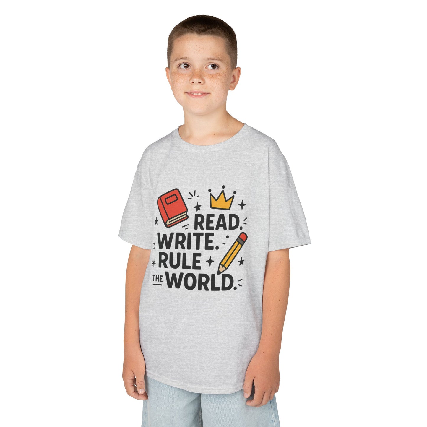 Kids Motivational Tee - Read, Write, Rule the World | Cool Kids T-Shirt, Gift for Young Readers, School Outfit, Literacy Celebration