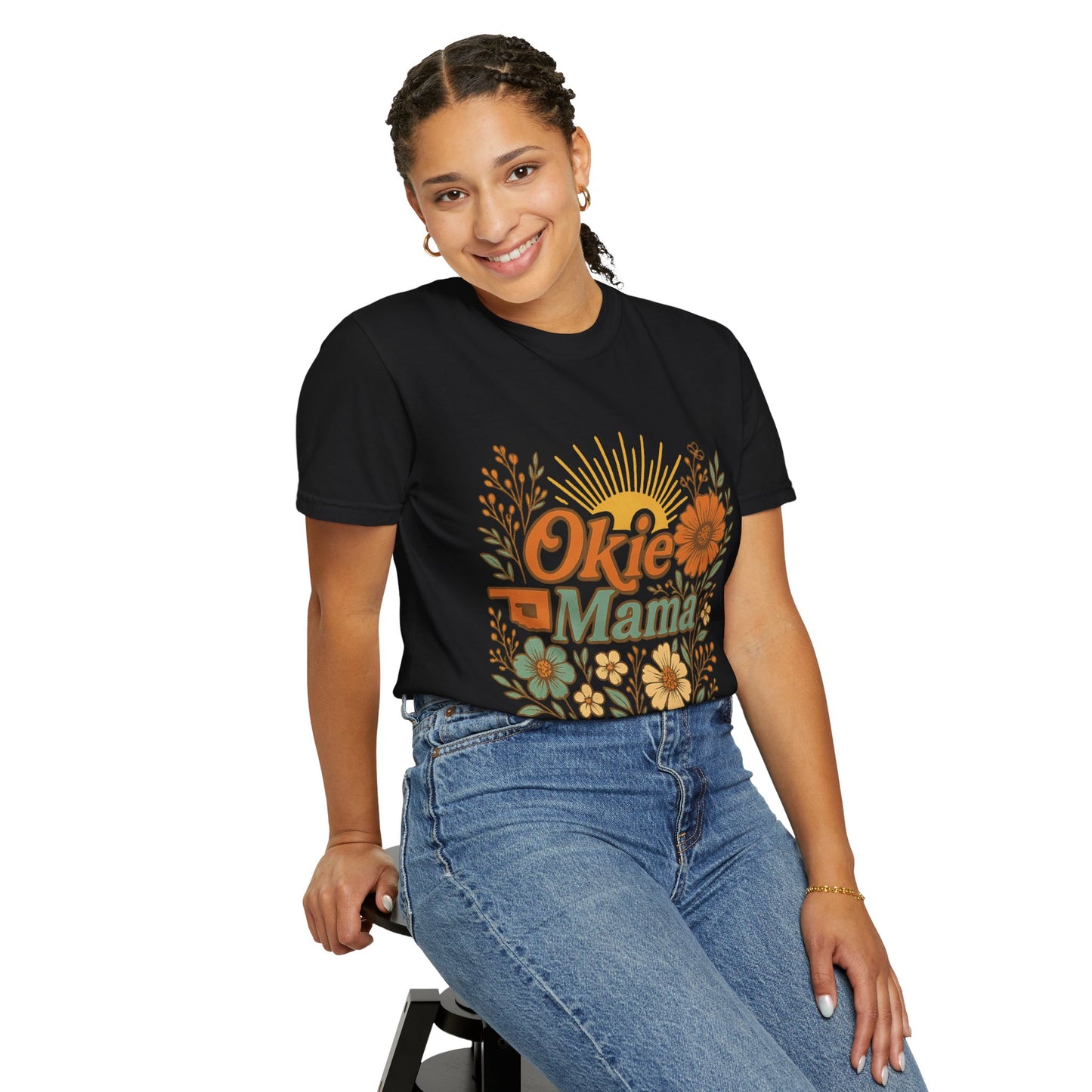 Okie Mama Garment-Dyed T-Shirt, Gift for Moms, Casual Wear, Summer Top, Mother’s Day Gift, Floral Design