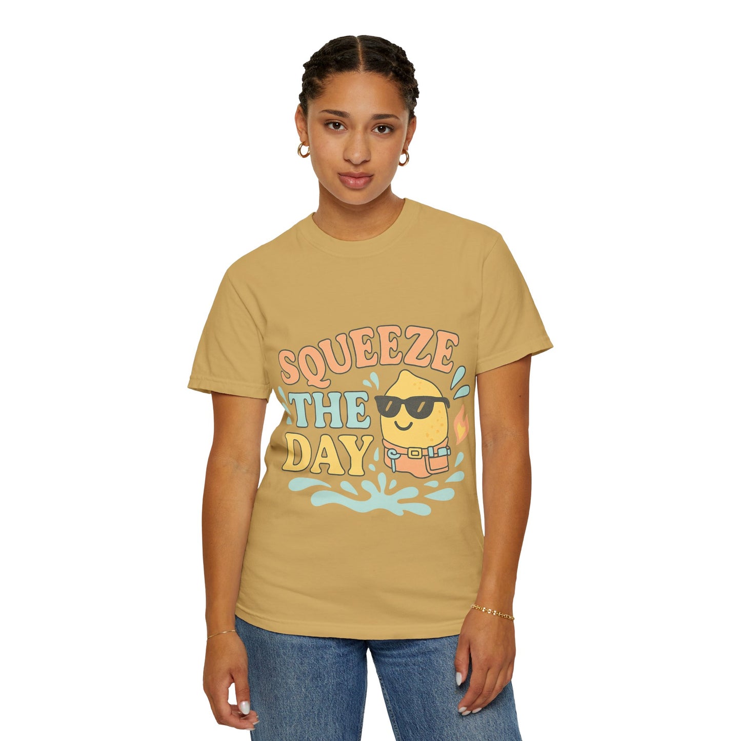 Squeeze The Day Unisex Garment-Dyed T-shirt, Funny Summer Shirt, Beachwear, Gift for Citrus Lovers, Cute Graphic Tee