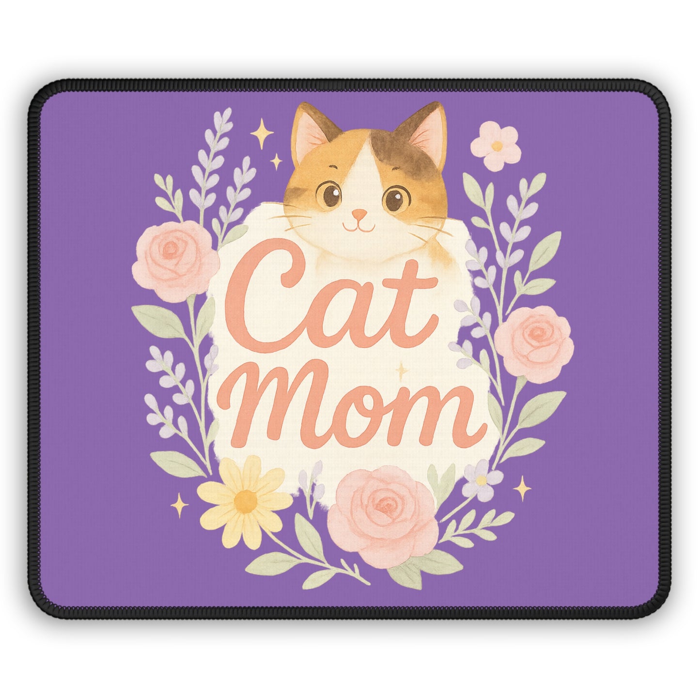 Cute Cat Mom Gaming Mouse Pad, Cat Lover Gift, Office Decor, Gamer Accessories, Pet Themed Decor, Purple Floral Design