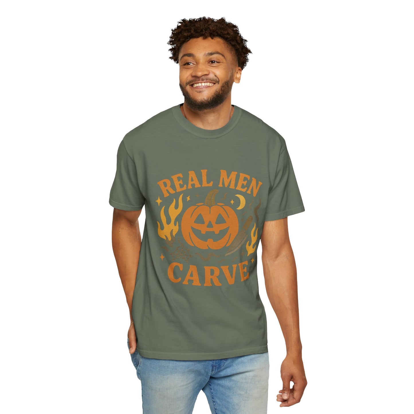 Halloween Unisex Comfort Colors T-Shirt, Real Men Carve Tee, Fall Clothing, Pumpkin Shirt, Spooky Season Apparel, Funny Gift for Him