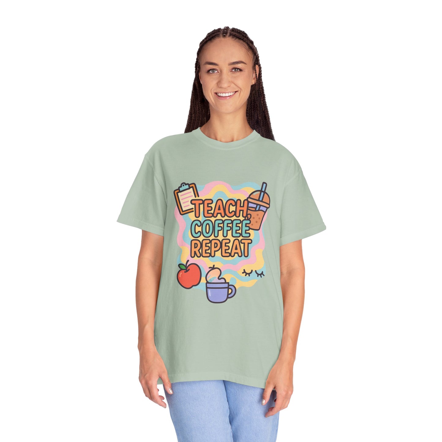 Teacher's Coffee Love Comfort Colors T-Shirt | Teach Coffee Repeat Tee, Teacher Gift, Cute Coffee Shirt, Classroom Apparel, Unisex Casual Wear