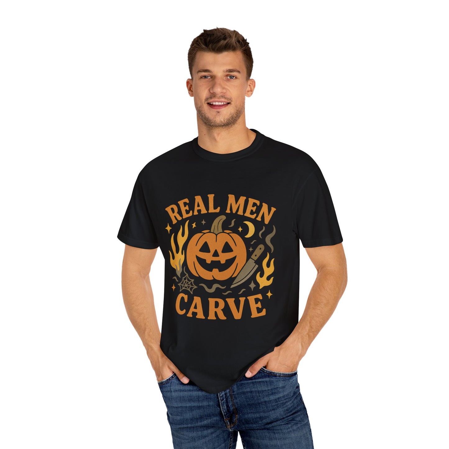 Halloween Unisex Comfort Colors T-Shirt, Real Men Carve Tee, Fall Clothing, Pumpkin Shirt, Spooky Season Apparel, Funny Gift for Him