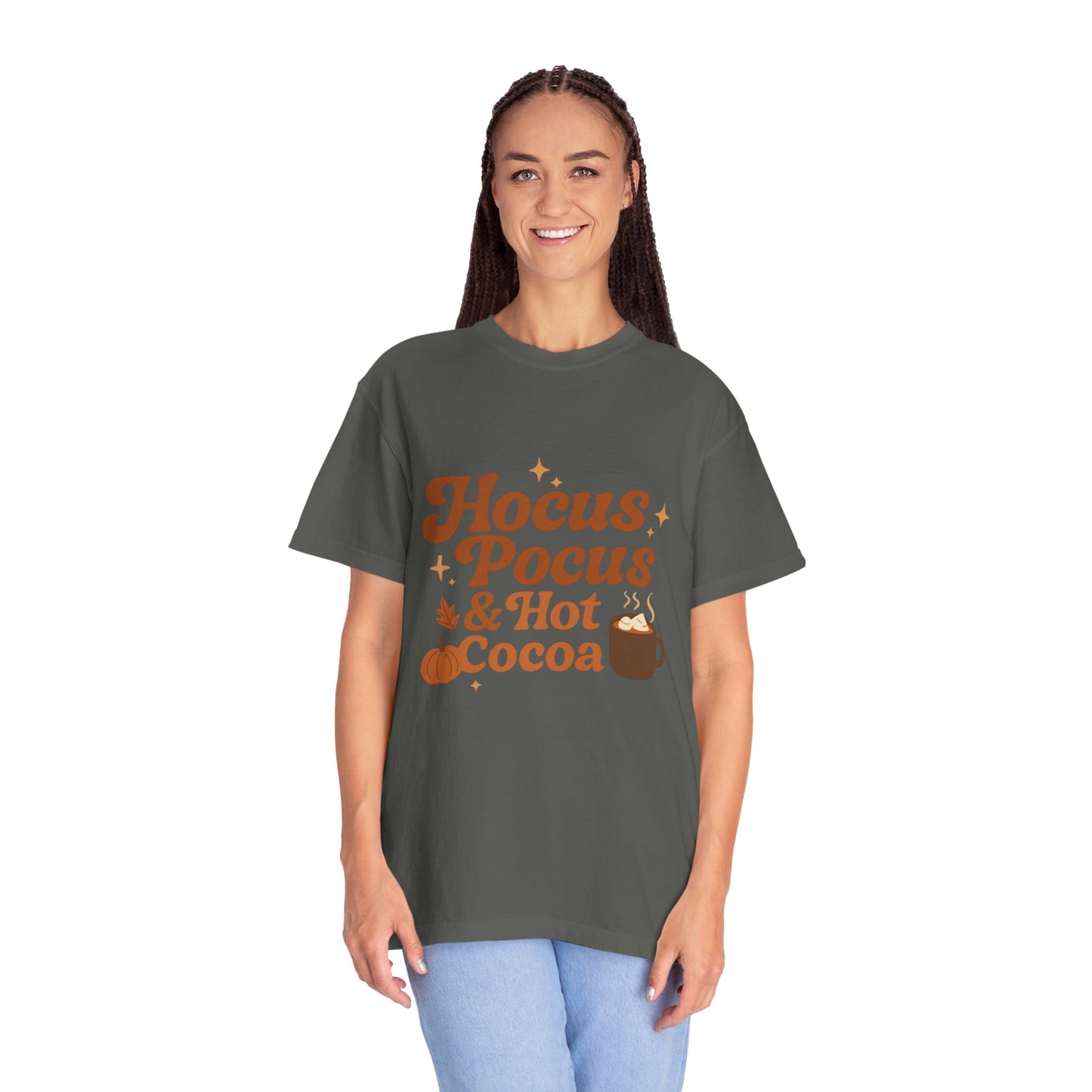 Hocus Pocus Comfort Colors T-Shirt: Hocus Pocus & Hot Cocoa Design | Autumn Apparel, Halloween Gift, Cozy Wear, Layering Top, Casual Tee
