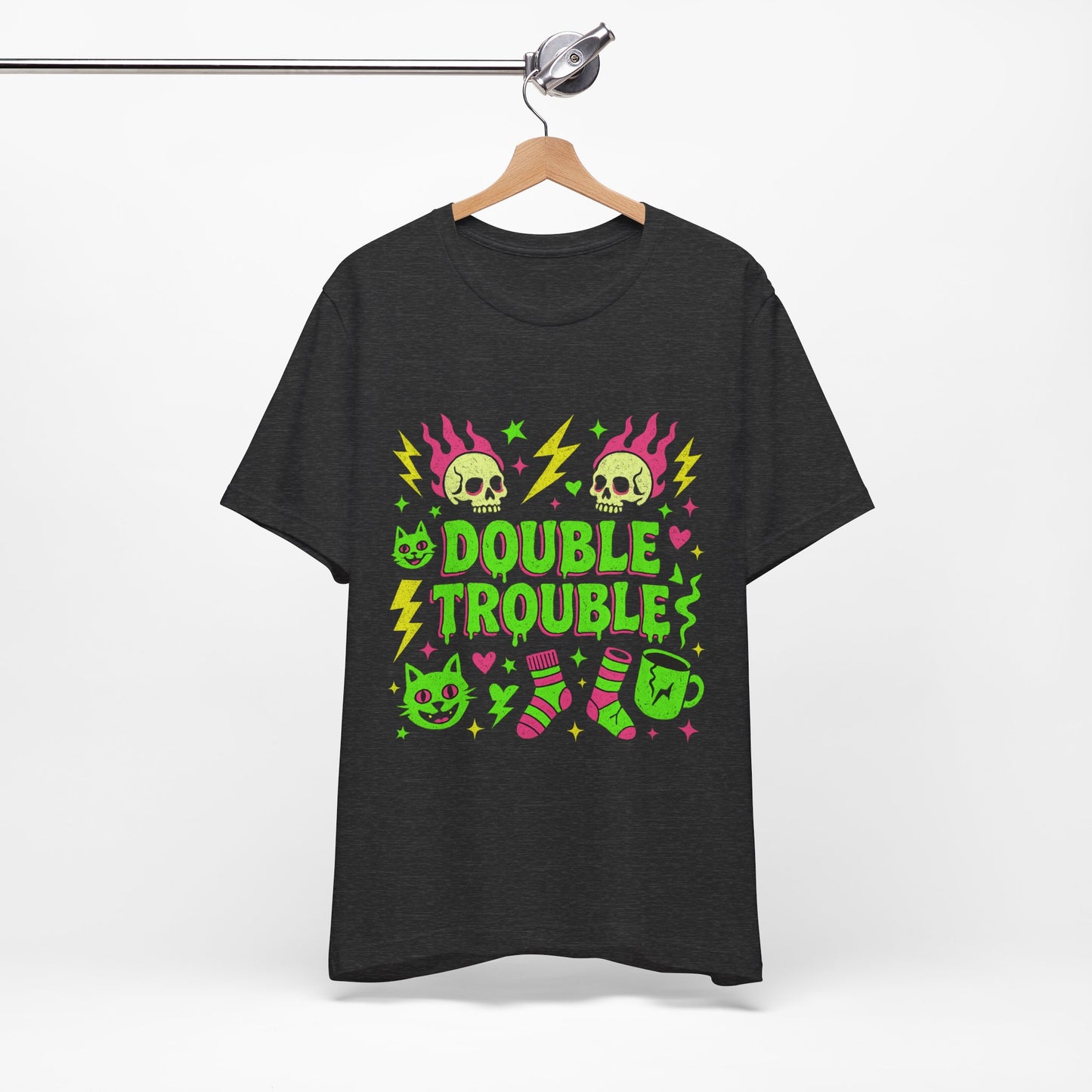 Double Trouble Graphic Tee, Unisex Jersey Tee, Casual T-Shirt, Fun Graphic Shirt, Gift for Friends, Birthday Gift, Halloween Shirt