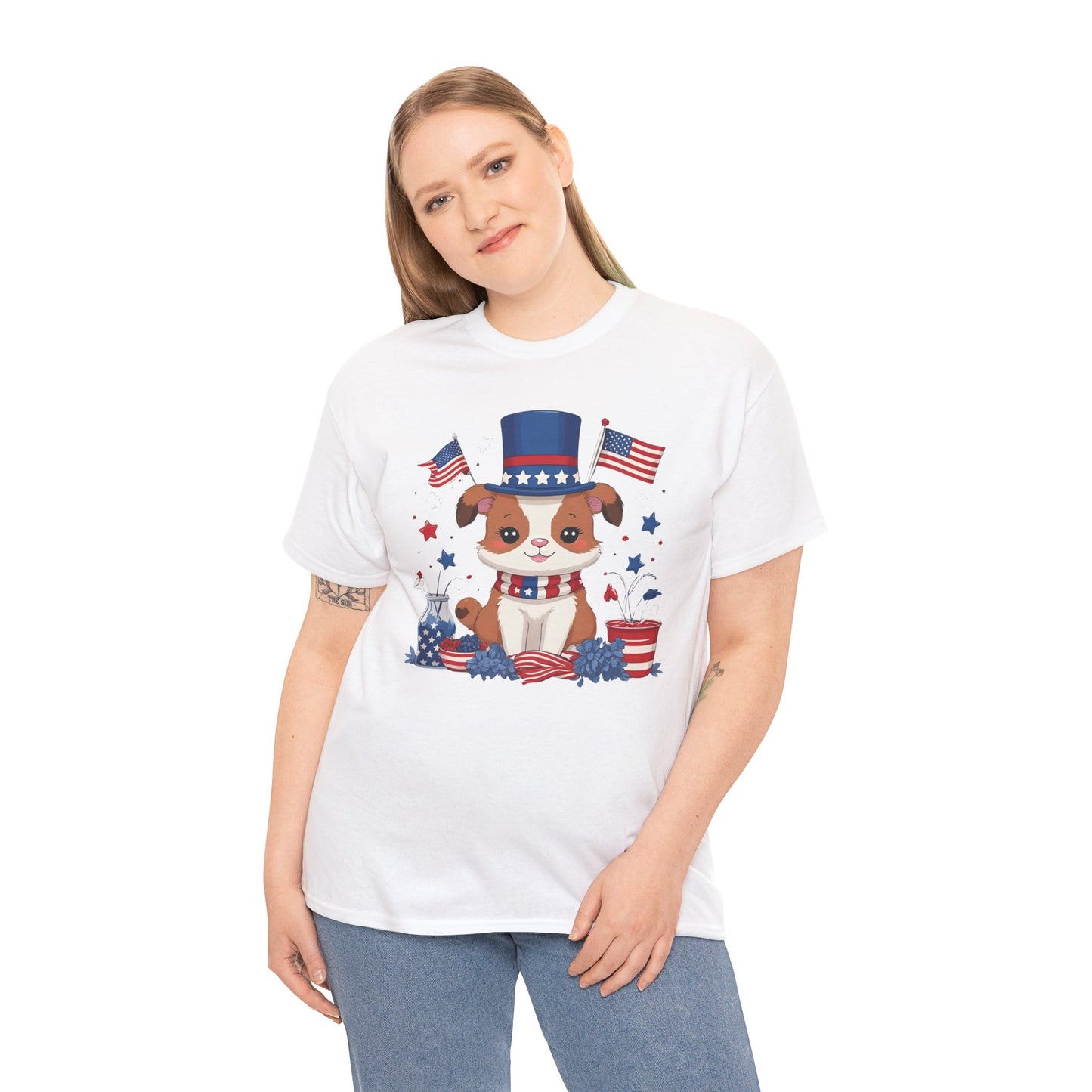 Patriotic Dog Tee - Unisex Heavy Cotton T-Shirt for Fourth of July, Memorial Day, Dog Lovers, Gifts for Pet Owners, Casual Wear