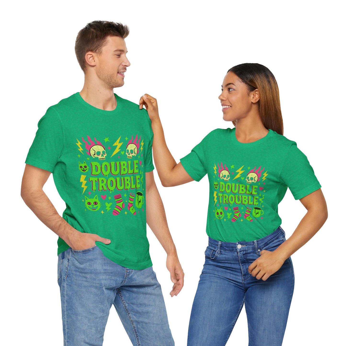 Double Trouble Graphic Tee, Unisex Jersey Tee, Casual T-Shirt, Fun Graphic Shirt, Gift for Friends, Birthday Gift, Halloween Shirt
