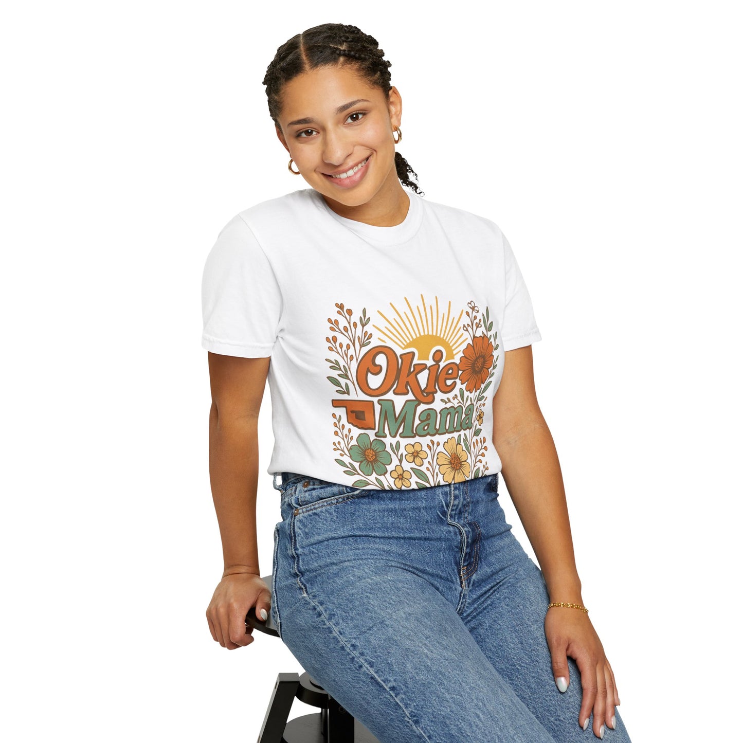 Okie Mama Garment-Dyed T-Shirt, Gift for Moms, Casual Wear, Summer Top, Mother’s Day Gift, Floral Design