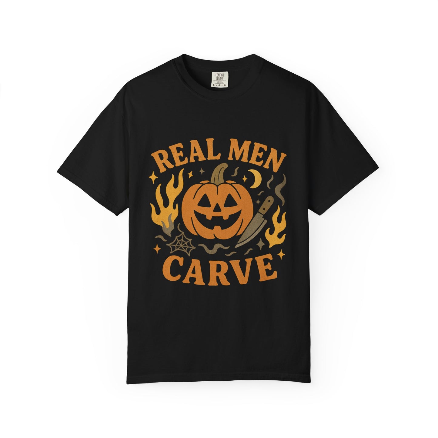 Halloween Unisex Comfort Colors T-Shirt, Real Men Carve Tee, Fall Clothing, Pumpkin Shirt, Spooky Season Apparel, Funny Gift for Him