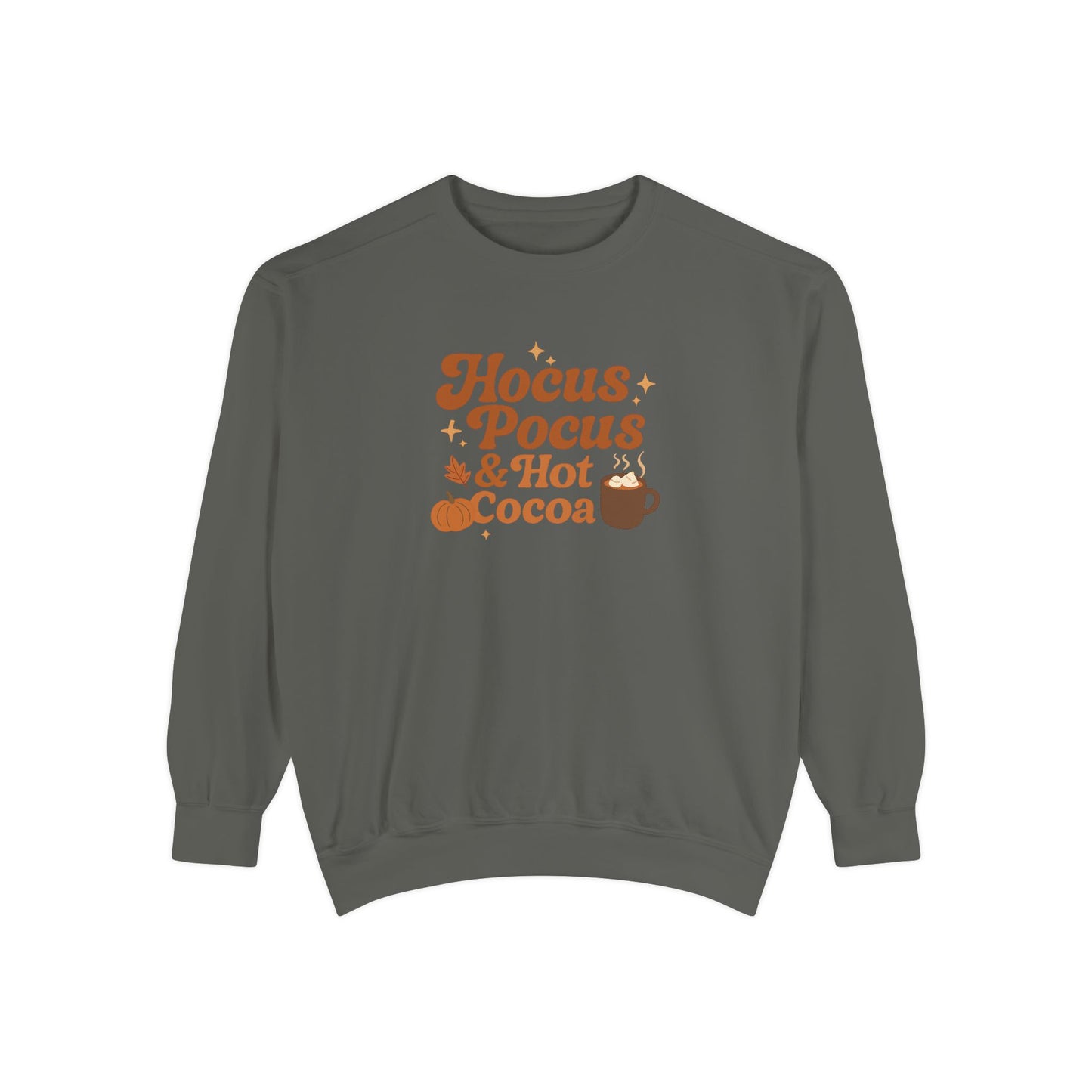 Hocus Pocus & Hot Cocoa Comfort Colors Sweatshirt, Cozy Fall Apparel, Halloween Gift, Unisex Fashion, Seasonal Comfort Wear, Relaxed Autumn Style